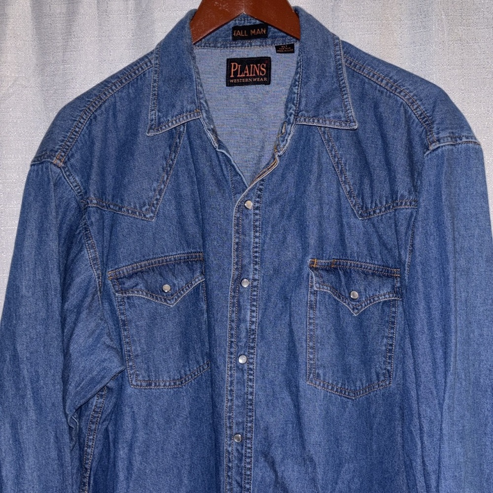 Plains Western Wear - Tall Man - XLT -Denim Pearl Snap Button Down Shirt